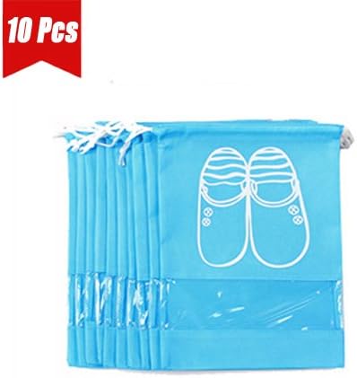 UQueen 10 pcs Travel Blue Transparent Dustproof Non-woven Fabrics Drawstring Multifunctional Shoe Storage Bag Pocket Case Organizer with Visual Window for Men Women (Medium Size, Light Blue)