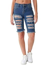 Shorts de tiro medio para dama Hibluco Jeans cortos desgastados lavados con agujeros rasgados