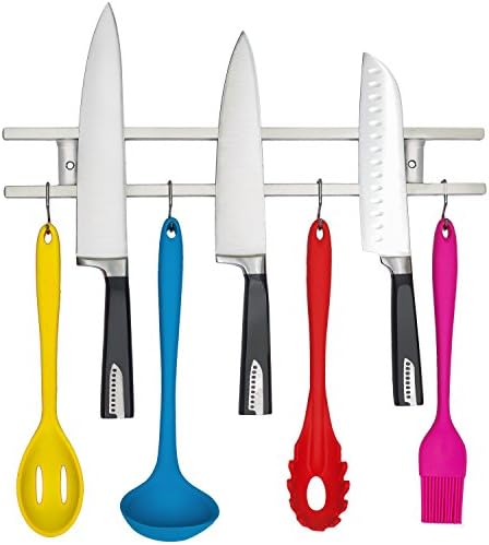Elegant Magnetic Knife Holder - 18" W/ 8 Small Hooks : Easily Access Knives and Utensil Sets! Screws to Backsplash, Wall &amp; Kitchen Rack. Stainless Steel Tool Bar W/ Magnet Strip &amp; Hook Set.