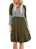 HOTAPEI Women's Long Sleeve A-Line Flare Casual Loose T-Shirt Midi Dress Striped Olive Large