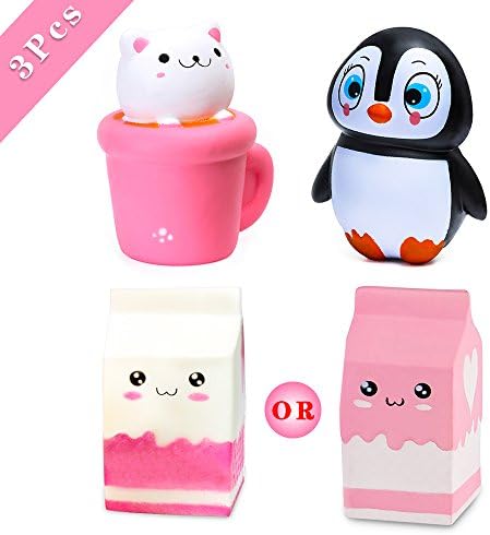 Kyson 3PCS Squishy Toys,Cute Soft Jumbo Squishy Slow Rising Toy Cat Cup+Milk Box+ Penguin Kawaii Emoji Toy for Kids,Adults,Relieving Stress&amp;Anxiety,Cabinet Decor