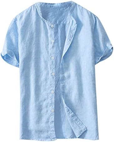 TUDUZ Men Shirts Summer Vintage Solid Grandad Collar Short Sleeve T Shirts Buttons Henley Neck Cotton and Linen Casual Tops Blouse