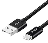 PowerMan Type-C USB Cable 6.6' Nylon Braided 56K Ohm Resistor Fast Charging Cord for Samsung Galaxy S8/S8 Plus, LG G5/G6/V20, Nintendo Switch, Google Pixel, New MacBook, Black, 2 Count