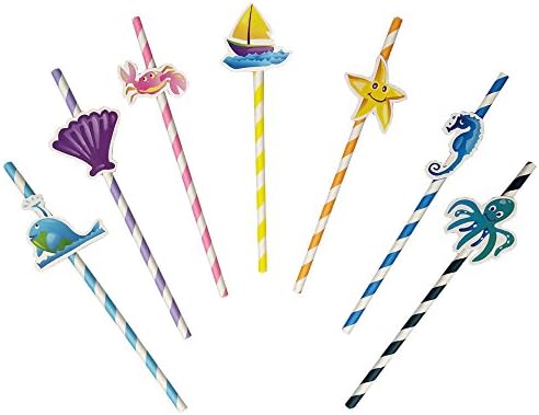 28 PCS Ocean Sea Decorative Paper Party Straws Crabs Starfish Blue Whales Seahorses Octopi Mussels Sailboats Straws