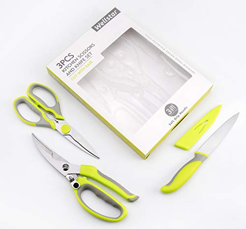 Kitchen Scissors 3-Piece Set WELLSTAR, Spring Loaded Poultry Shears, Heavy Duty Multipurpose Chicken Scissors, Ultra Sharp Utility Knife with Safety Blade Cover, Stainless Steel Kitchen Shears Set