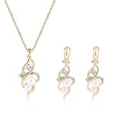 KAVANI Women's Gold Plated Wave-Shape Pendant Cubic Zircon Pearl Earrings and Pendant Necklace Jewelry Set