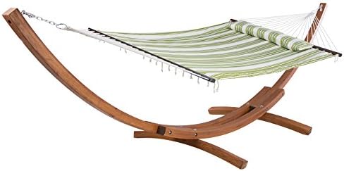 SUNCREAT 13 Ft Wooden Arc Hammock Stand with Fabric Hammock, 2 Person Bed. 450 LB Capacity-Green &amp; Beige