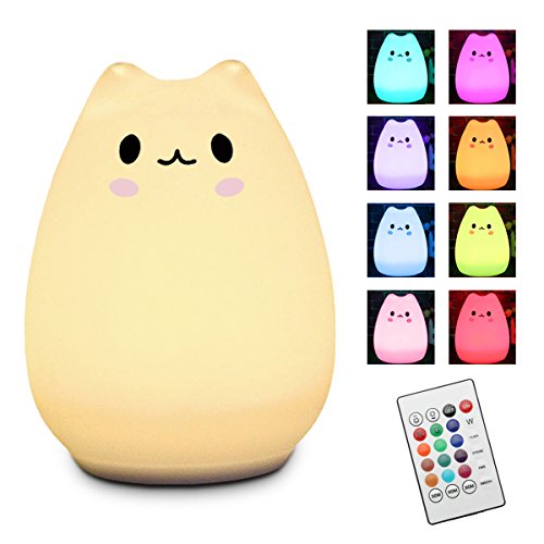 Remote Control Multi-color Children Night Light, Elfeland Cute LED Kitty Light Portable Cartoon Silicone Cat Lamp, 12+1 Colors, 6 Lighting Modes, Brightness Adjustment, Timing Off, for Baby Kids