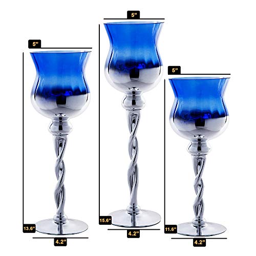 Tulip Hurricane Candle Holders Set of 3, Blue & Silver Glass Twisted Long Stem for Tealight, Votive and Pillar Candles - Home Decor, Wedding Accent, Event or Party Centerpiece