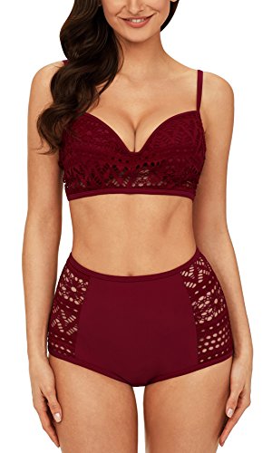 AnniBlue Bikini Swimsuits for Women Two Pieces Sexy Crochet Swimwear Wine Red 3XL
