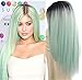 aSulis Ombre Long Natural Straight Black Roots Mint Green Ombre Synthetic Wigs for Women Middle Parting wigs 28