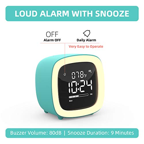 Kids Alarm Clock, Cute-TV Night Light Alarm Clock for Kids, Girls, Children, Bedroom, Rechargeable Battery Operated Alarm Clock with Sleep Timer, Indoor Thermometer - Cyan