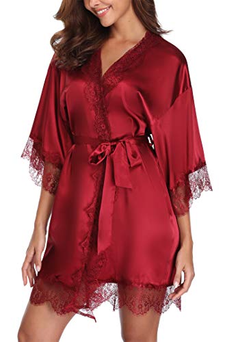 sunshinemall Womens Lace Trim Satin Bathrobe Kimono Nightgown Bridal Robe Burgundy