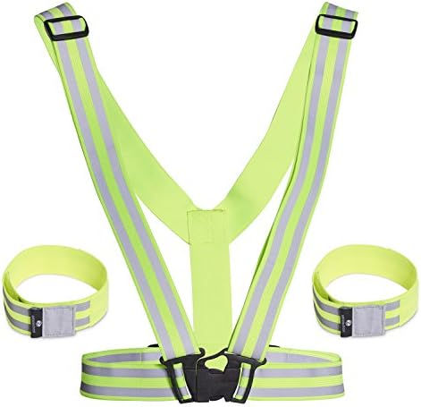 Motorcycle Reflective Vest plus 2 Free Hi Viz Armbands / Wristbands / Ankle bands / Leg Band - Ansi Safety Gear for men and women - Elastic Reflective Wear for Running, Cycling, Walking (Yellow)