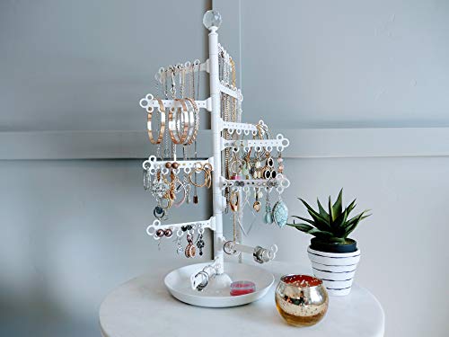 12-Tier 17.5" 360° Jewelry Organizer | Earring Necklace Bracelet Ring | Display Holder with Dish | 120-Hole Tree Stand (White)