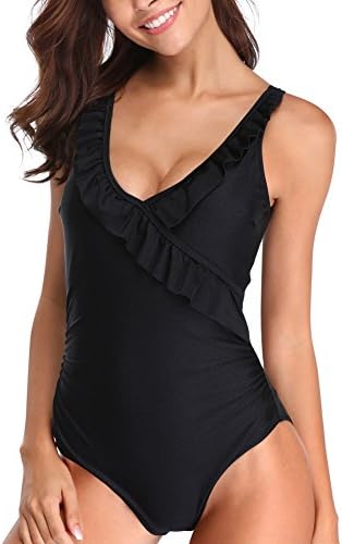 INFMETRY Womens Low Back Shirred One-Piece Swimsuit (Black, (US 12-14) L)