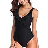 INFMETRY Womens Low Back Shirred One-Piece Swimsuit (Black, (US 8-10) M)