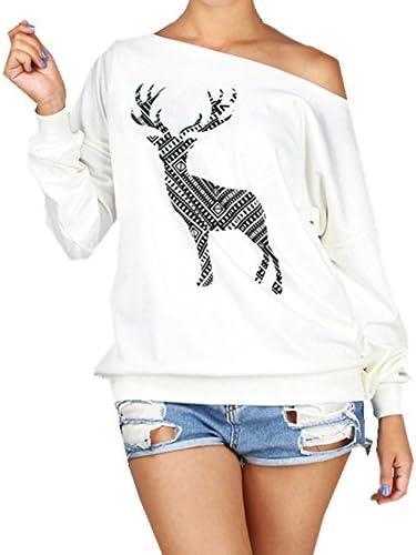 Taiduosheng Women Plus Size Merry Christmas Sweatshirt T Shirt Off-Shoulder Cotton Long Sleeve Xmas Blouse Tops