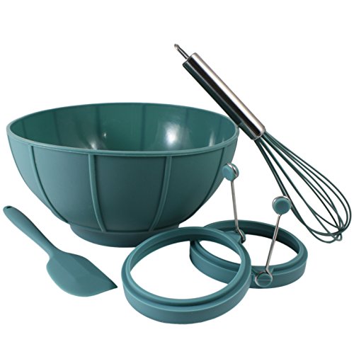 Hardy Worx 5-Piece Silicone Cooking Set Bundle With Cheese Melting Bowl, 9-Inch Cake Mold, 4-Inch Pancake/Egg Rings, Spatula And Whisk