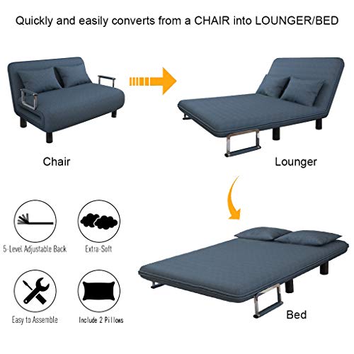 Convertible Sofa Bed Folding Arm Chair Sleeper, 5 Position Recliner Full Padded Lounger Couch Bed for 2 Person, Mental Frame with Detachable Armrest Cover Home Office Furniture with Pillow