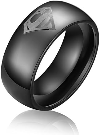 Dilanco 8mm Black Beveled Tungsten Carbide Men's Comfort Fit Wedding Bands Rings with "Superman"