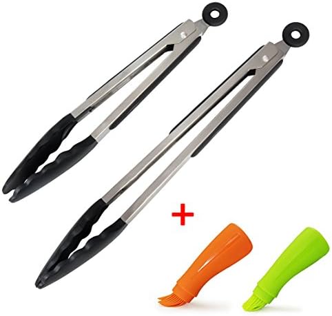 Silicone Barbecue Tongs Set,Heavy Duty Stainless Steel Non-Stick Heat Resistant Cooking Tongs with Silicone Tips for BBQ Salad Grilling(9 &amp; 12 inch) with 2 Packs Silicone Oil Bottle Brush,Black