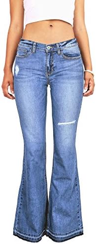 Sneak Peak Women's Juniors Bell Bottom Low Rise Jeans w Knee Rip (3, Denim)