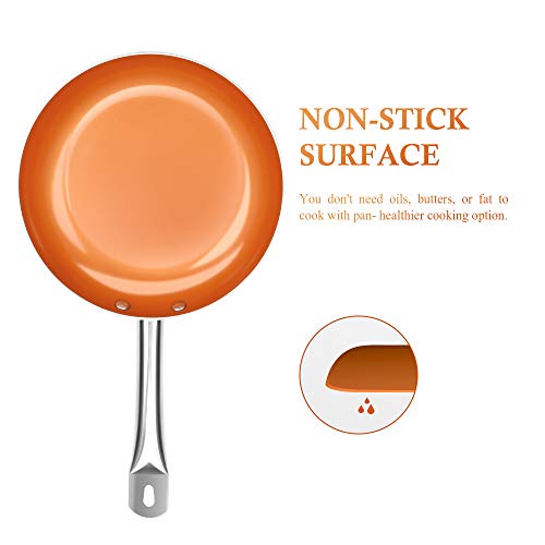 SHINEURI 3 Pieces Nonstick Ceramic Copper Pan Set - 12 Inch Woks and Stir Fry Pans with Lid, 9.5 Inch Round Frying Pan Saute Pan with Stainless Steel Handle for Induction, Gas, Electric & Stovetops - Thumbnail 5