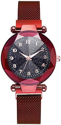 Women's Analogue Quartz Wrist Watch Starry Sky Convex Glass Quartz Mesh with Magnetic Buckle Ladies Watch (Red)
