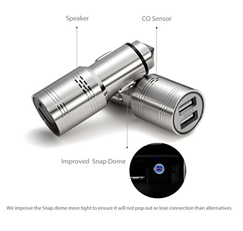 7PETAL UL Certified Car Charger,Multi-Purpose Carbon Monoxide Detector 304 Stainless Steel Charger,2 USB Fast Car Charger Fit iPhone,iPad,Android with Safety Emergency Escape Hammer - Thumbnail 5