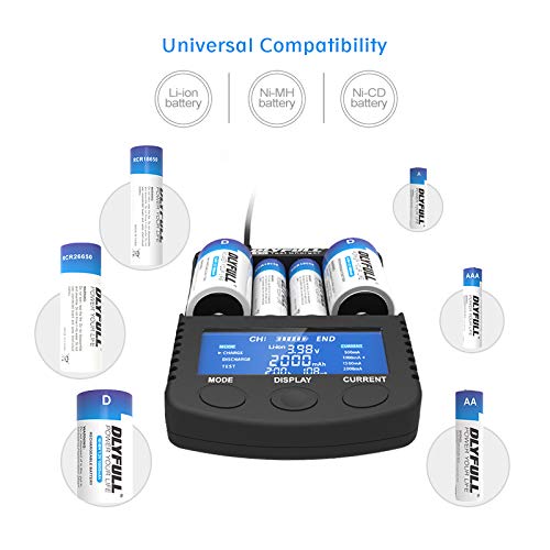 Dlyfull Pro Super Fast Battery Charger with LCD Display, 4 Slots Universal Battery Charger for 3.7V Li-ion 26650 22650 26500 18650 17500 17335 14500 & A AA AAA C SC D Ni-MH/CD Rechargeable Batteries