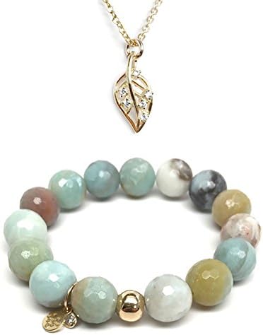 Set 12mm Green Amazonite Lauren 7" S.Bracelet &amp; 12mm Leaf CZ Charm 16" 14k over Brass Neck