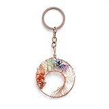 Joya Gift Tree of Life Natural Crystal Stone Handmade DIY Multicolored Gravel Circle Keychain Pendant Necklace