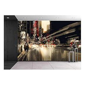 City Street Digital Painting.Illustration - Removable Wall Mural | Self-Adhesive Large Wallpaper - 66x96 inches