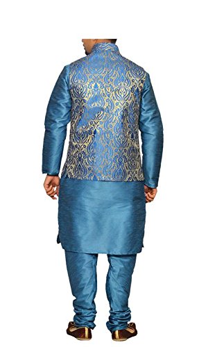 inyour men's silk royel blue gold waiscoat,third blue kurta,third blue pajama set_inyour-tr3031wcp