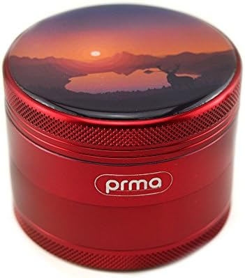PRMA Herb Grinder with Pollen Catcher - Large 2.5 Inch 4 Piece, Lightweight Anodized Aircraft Grade Aluminum, Epoxy Sealed Design, Included Pollen Scraper and Carrying Pouch (Red)