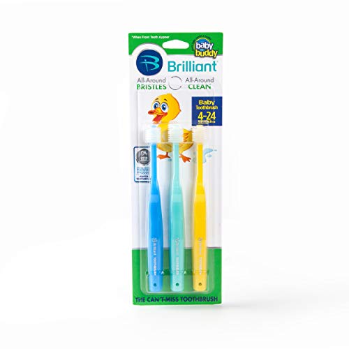 Brilliant Baby Toothbrush by Baby Buddy - For Ages 4-24 Months, BPA Free Super-Fine Micro Bristles Clean All-Around Mouth, Kids Love Them, Blue-Mint-Yellow, 3 Count