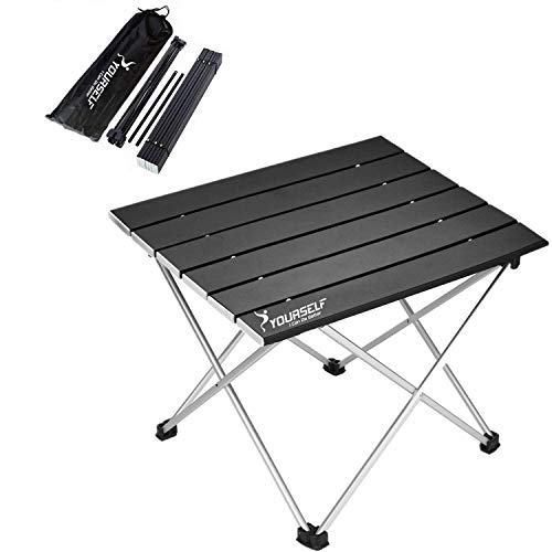 SYOURSELF Folding Camping Table, Portable Aluminum Camp Table Desk Lightweight Durable Compact Roll Up Picnic Tables for Indoor Outdoor Camp Hiking BBQ Backpacking Travel Fishing Beach(Black)