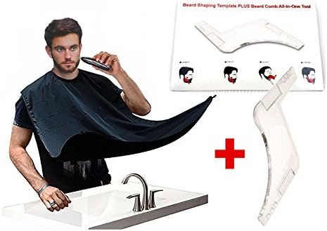 Beard Bib with Fine Beard Shaper, Beard Apron Kit Beard Catcher Cape for Easy Clean and shaving Without the Mess. Professional Premium Salon Quality Material, Water Repellent and Static-Free, Black