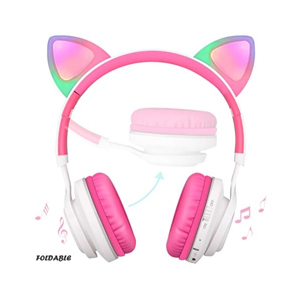 Bluetooth-Headphones-Riwbox-CT-7-Cat-Ear-LED-Light-Up-Wireless-Foldable-Headphones-Over-Ear-with-Microphone-and-Volume-Control-for-iPhoneiPadSmartphonesLaptopPCTV-WhitePink Riwbox Bluetooth Headphones, CT-7 Cat Ear LED Light Up Wireless Foldable Headphones Over Ear with Microphone and Volume…