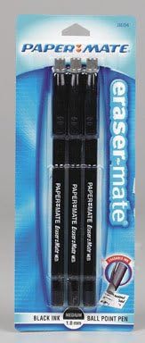 Paper Mate 3160458pp Black Medium Tip Erasermate Stick Ballpoint Pen 3 Count