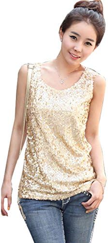 Womens Shining Vest Bling Sequin Tank Top Sleeveless T Shirt Blouses (US 2, Gold)