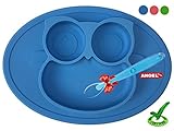 Owl Silicone Placemat - Spill Proof Suction Plate for Baby, Kids, Children, Toddlers by Angel Home (Blue)