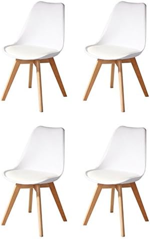 Creation Yusheng Eames Style Soft Padded Seat Dining Chair, Modern and Body Engineering Design Chairs with Wooden Leg, White, Set of 4 (White)