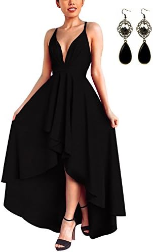 WAEKIYTL Women Sexy V Neck Asymmetrical Dress High Low Evening Party Dress Formal Cocktail Prom Swallowtail (S (US 0-2), Black)