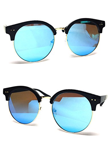 O2 Eyewear 97018 Premium Oversize Cats eye Womens Mens Mirror Funky Flat Sunglasses (BLACK, BLUE/ size L)
