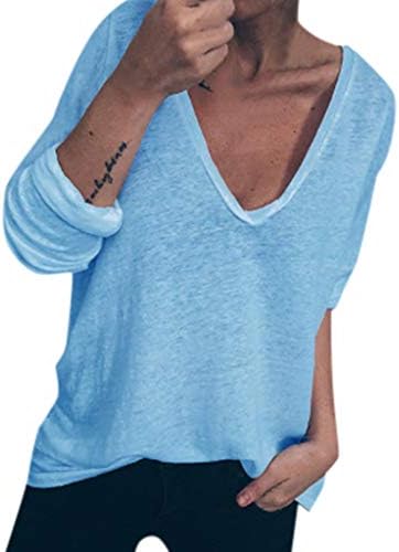 JustWin Women's Casual V-Neck Long Sleeve Plain Top Pullover T Shirt Women Leisure Solid Color Tops