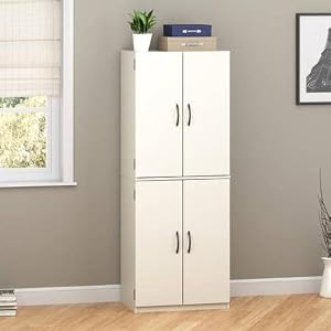 Image of Storage Cabinet - White Stipple - Spacious, Ample Storage for Kitchen Accessories and Pantry Items Behind Four Doors - Ergonomic Door Handles for Easy-Grip Access - Easy Assembly