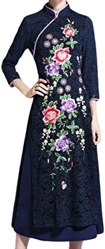 QueenHandsWomen QueenHands Womens Tunic Lace Floral Print Side Slit Stitching Cheongsam Dress Dark Blue L