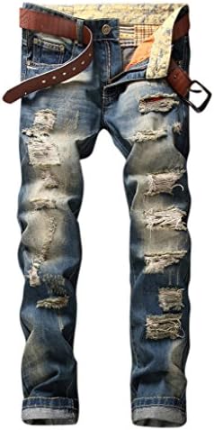 OKilr Pjik Men's Retro Dark Blue Straight Fit Distressed Destructed Ripped Washed Jeans 31